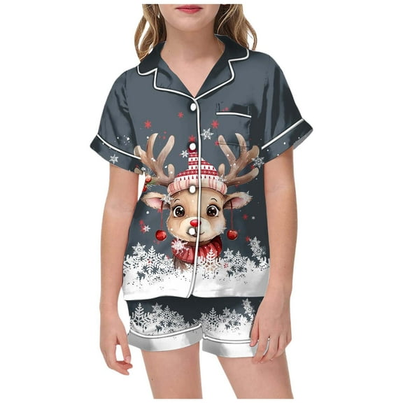 Girls Christmas Pajama Set Holiday Themed Short Sleeve Button Down Top and Comfortable Shorts Cute Sleepwear for Kids Festive Family Matching Outfit