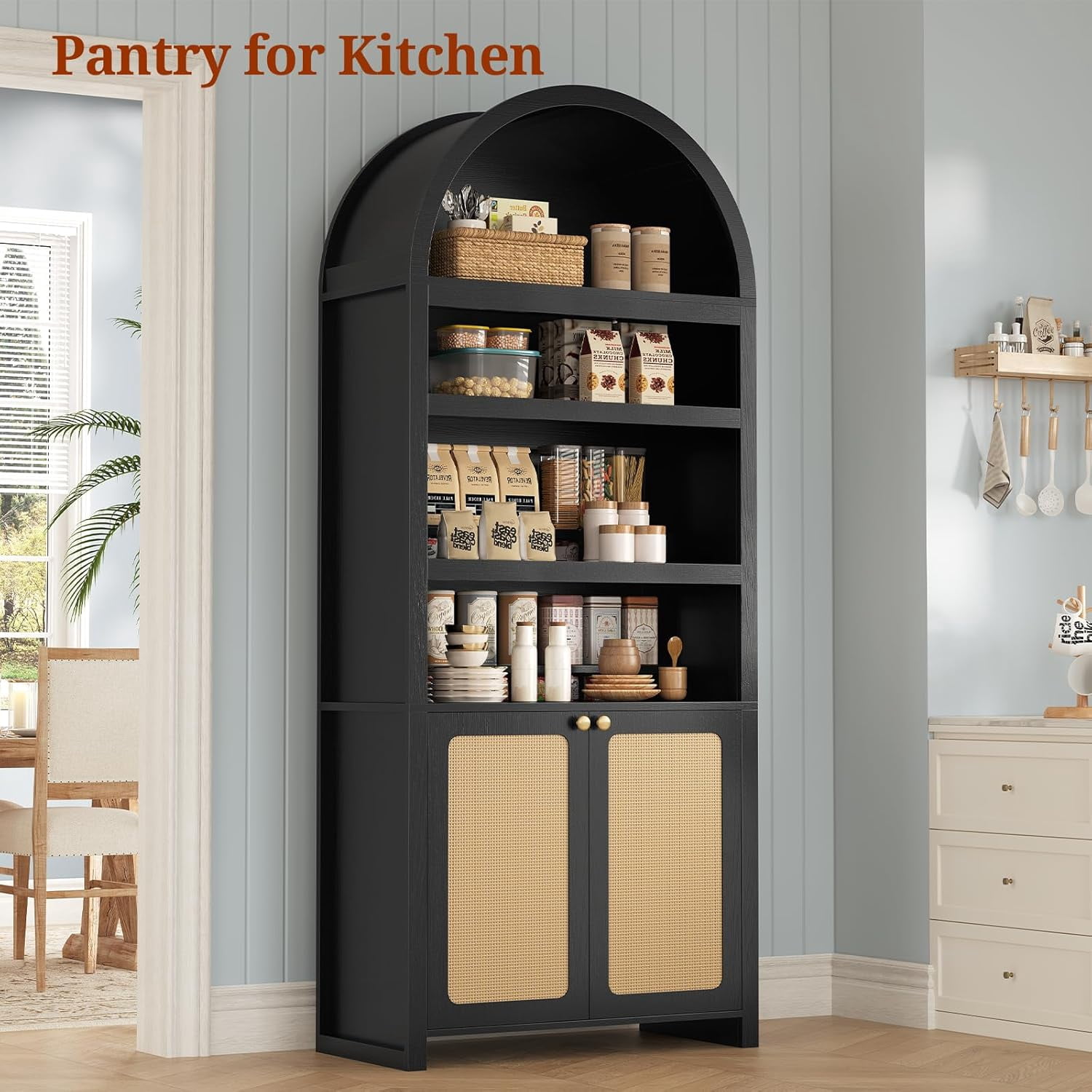 81" Tall Arched Kitchen Pantry Storage Cabinet, 6-Tier Bookcase with 2 Doors for Living Room, Kitchen, Home Office, Black+Oak