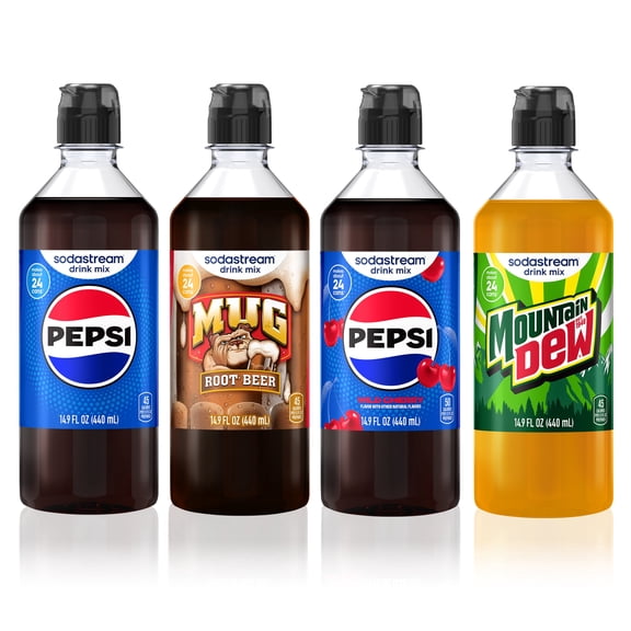 sodastream 14.9 fl oz Pepsi, Mug Root Beer, Pepsi Wild Cherry and Mountain Dew Drink Mix, 4pk