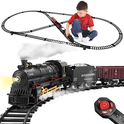 JONEALA Ensemble de Train avec Télécommande, Train Électrique Autour de l'Arbre de Noël avec Véhicule de Chargement, Lumière & Sons, Locomotive à Vapeur en Alliage Jouet Cadeau pour Garçons Filles 4 5 6 7 8 9