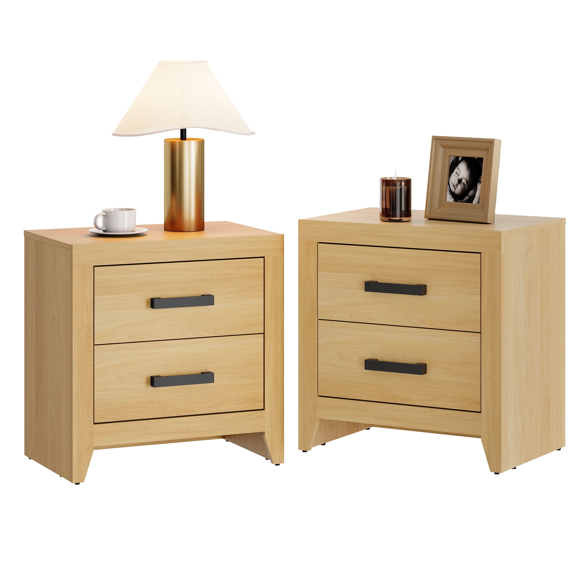 Set of 2 Farmhouse Rustic Wooden Nightstand With 2 Smooth‑Glide Storage Drawers,Solid‑Base Bedside End Table,Multi‑Purpose Accent Side Cabinet For Bedroom,Living‑Room,Oak