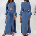 thumbnail image 6 of LEKWK Linen Sets for Women 2 Piece Long Sleeve Crewneck Crop Tops High Slit Flowy Maxi Skirts Summer Fashion Boho Beach Vacation Outfits, 6 of 8