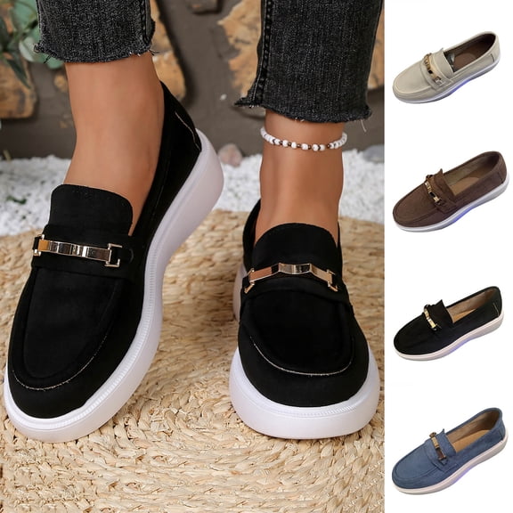 Women's Platform Loafers for Women Trendy Round Toe Faux Suede Metal Buckle Slip On Shoes Comfortable Thick Sole Casual Dress Shoes Spring Autumn Fashion Plus Size Wide Width Black Shoes for Women