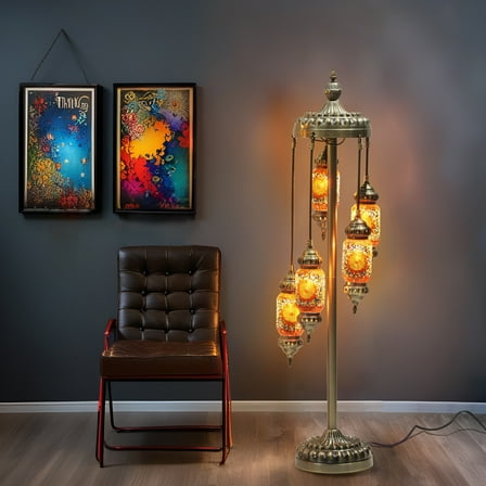 Turkish Mosaic Floor Lamp, 52in Handcrafted Stained Glass Light, 5 Shades, E12 Bulb Compatible, Heavy Duty 25lbs Base for Living Room, Bedroom Decor & Gifts