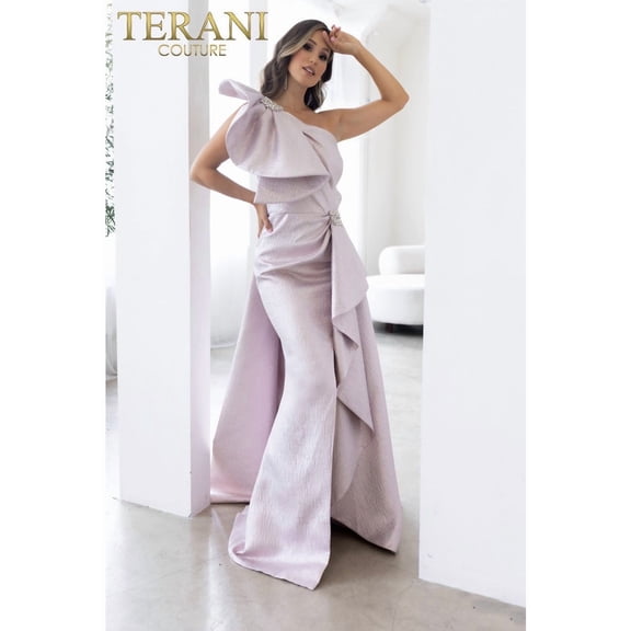 Women's Terani Couture 241E2515 Ruffled Long Formal evening elegant Gown Rose Pink Gold 4