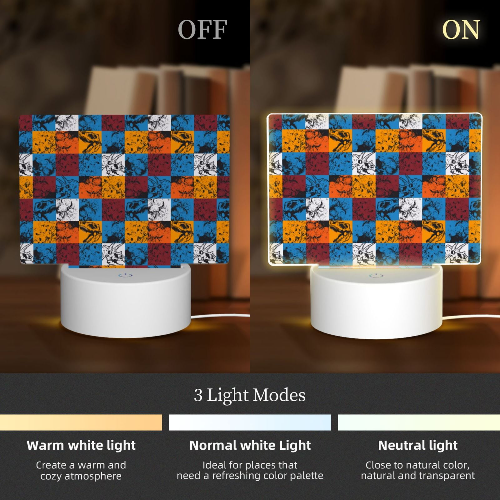 Kdxio colorful plaid Dinosaur Rectangular Acrylic Night Light Acrylic Sleep Night Light Friend Gifts for Birthday Gifts for Women Teens Boys Girls