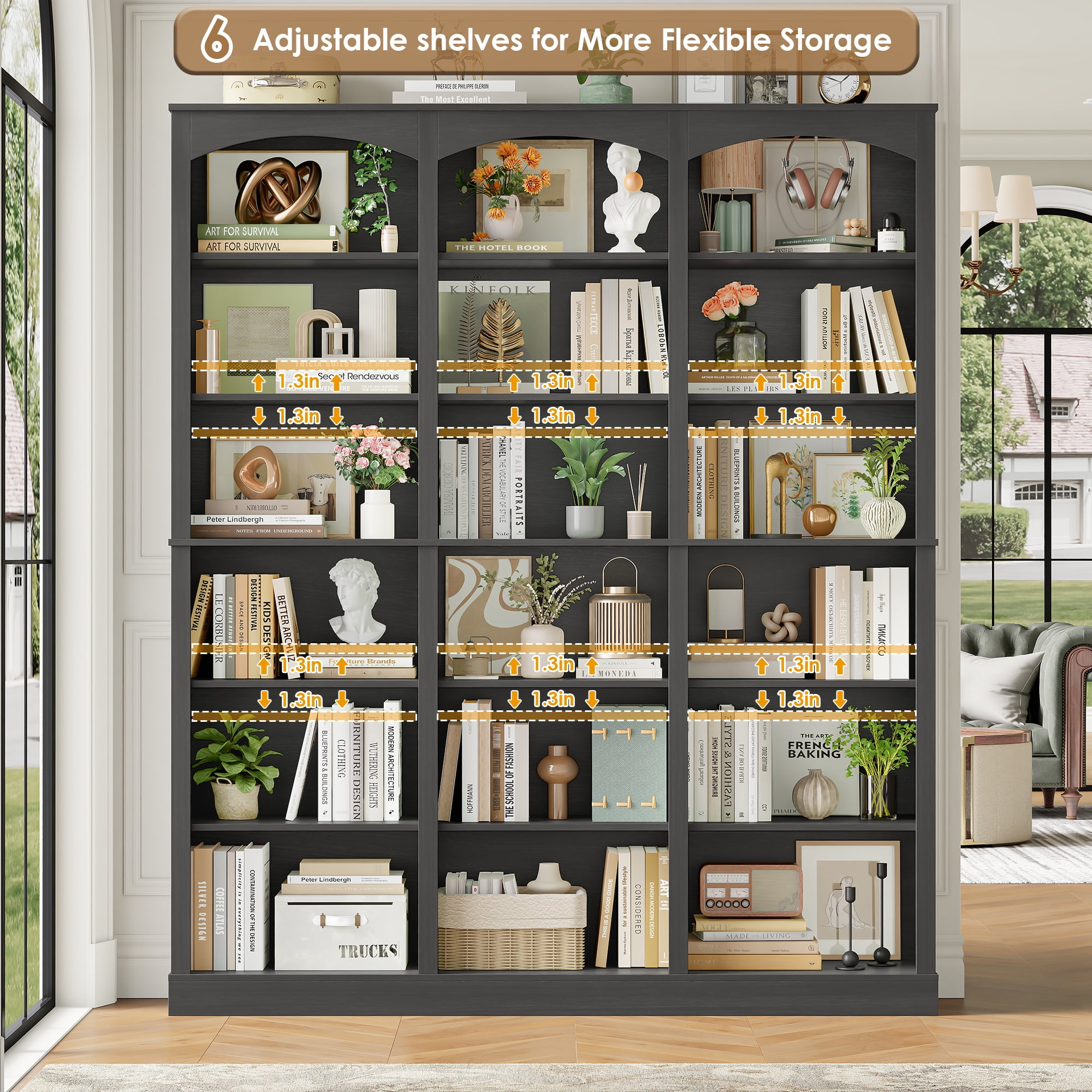 Homfa 18-Cube Bookcase and Bookshelves, 71.2" Triple Width 6-Tier Freestanding Arch Library Cabinet for Home Office Living Room, Dark Gray Texture
