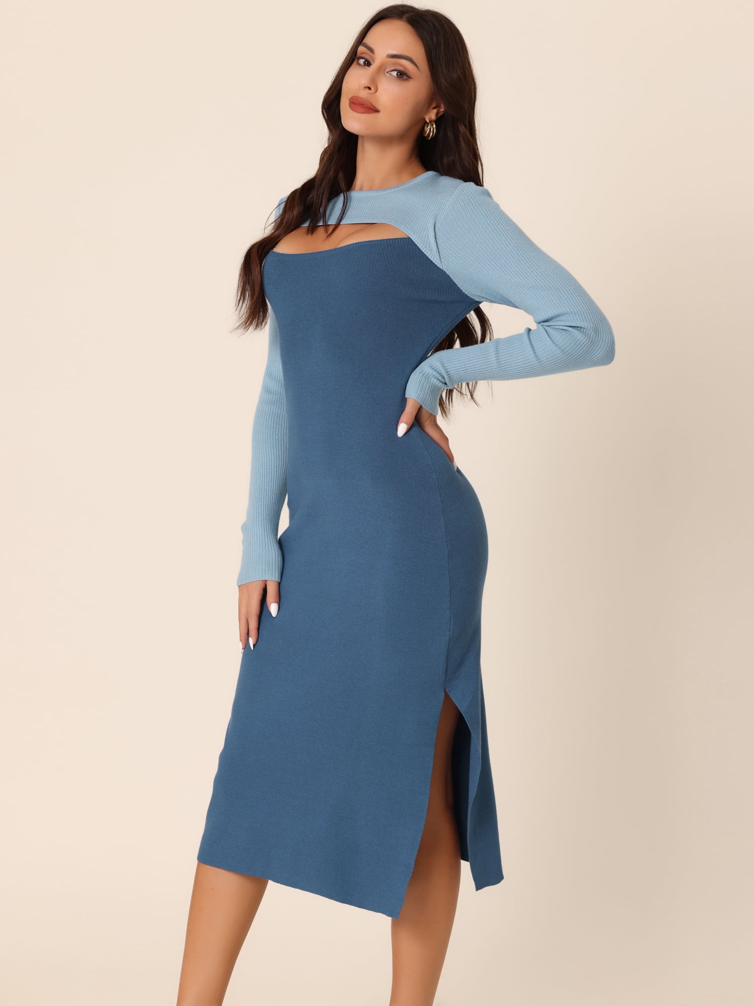 DARING DIVA Crew Neck Stretch Cutout Midi Sweater Dress XL Blue-Dark
