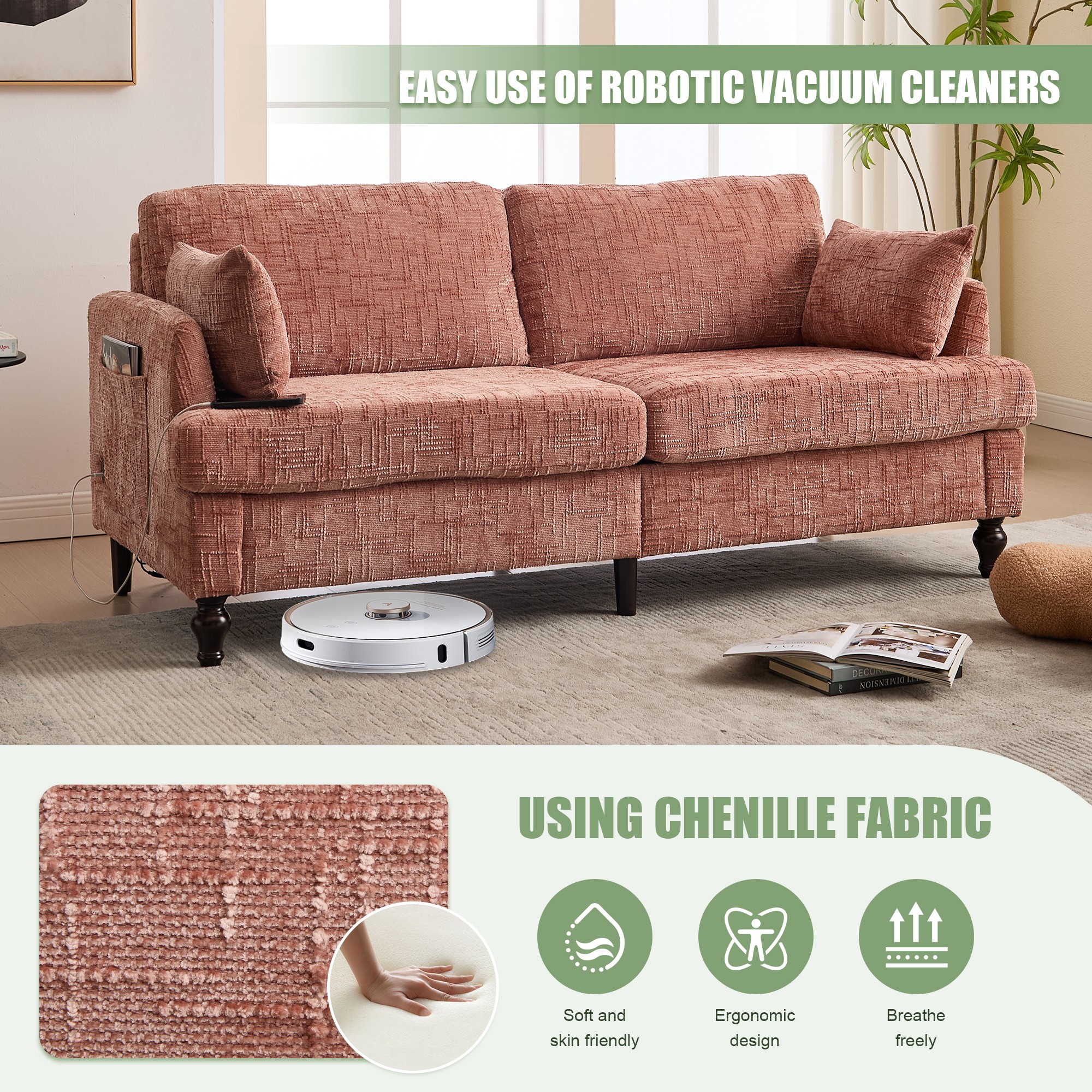 68.9" Sofa Couch,Modern 2 Seater Upholstered Loveseat Sofa Couch with LED light&USB for Living Room,Bedroom,Pink