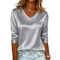 thumbnail image 4 of Dressy Tops for Women 3/4 Sleeve Silk Satin Blouses Business Work T Shirts Loose Fit V Neck Spring Summer Outfits 2026 #03Light Gray 2XL, 4 of 6