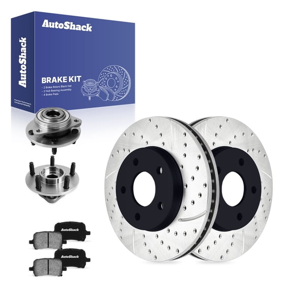 AutoShack Front Brake Rotors, Ceramic Pads & Hub Bearing Assemblies for Chevrolet, HHR 2006-2008, FWD L4 2.2L 2.4L - E-Coated Drilled & Slotted - ShadowGuard - 10.85" (275.7 mm), 5-Lug