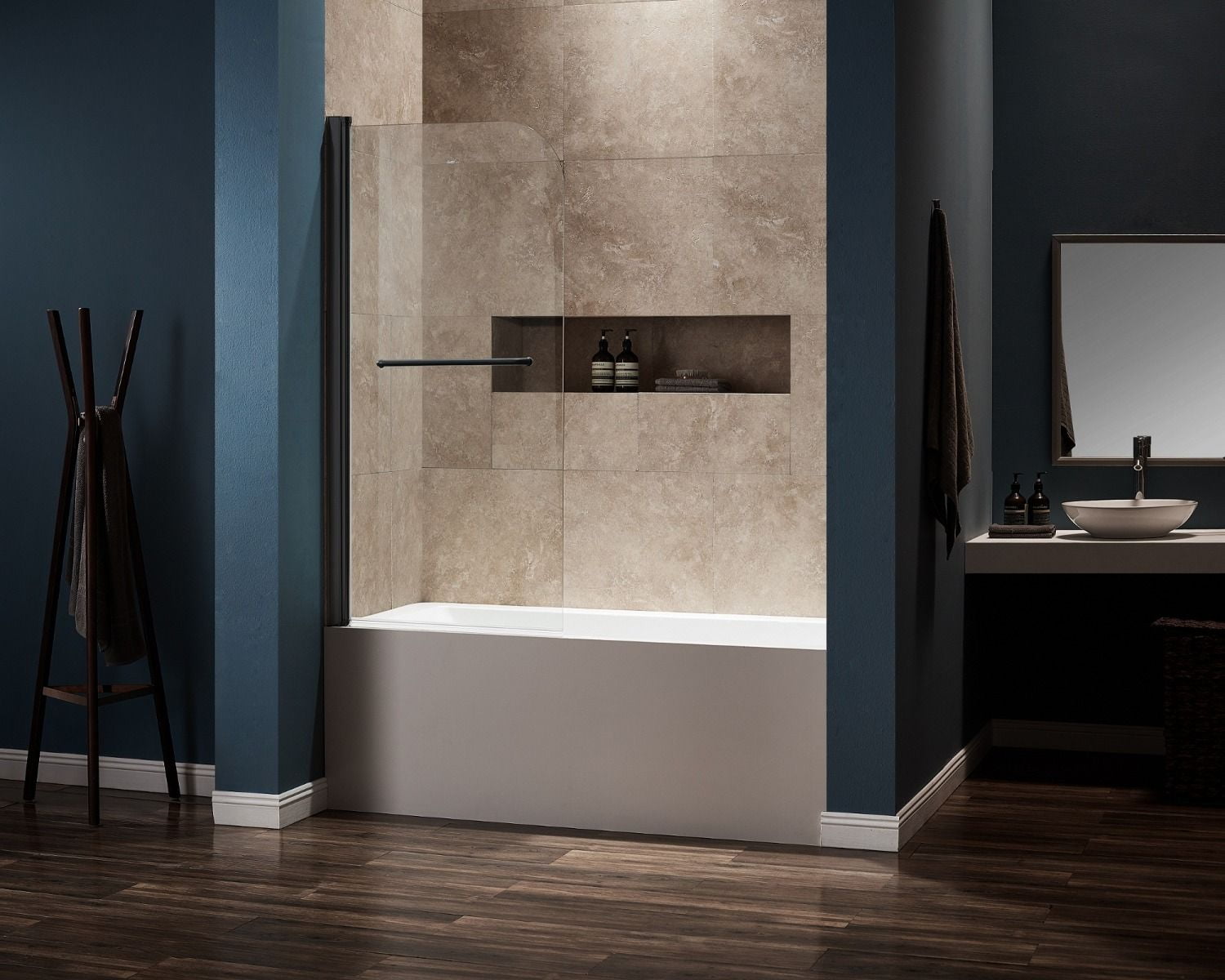 30'' W x 59'' H Black Frameless Pivot Tub Door with Clear Glass
