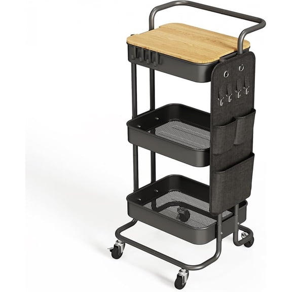 Tray Storage Organizer Wheels, 3 Tier Metal Utility Rolling Cart with Table Top and Side Bags, Art Craft 4 Hooks for Kitchen, Bathroom, Office, Living Room