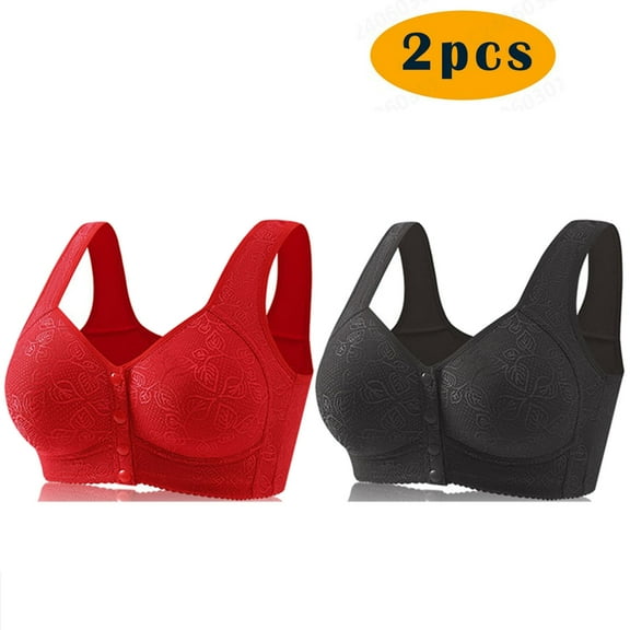 Crunowin 2Pc Women's Plus Size Bra Wireless Front Button Closure, Soft Lace Push Up Bra Casual Comfort Bras Black 4XL