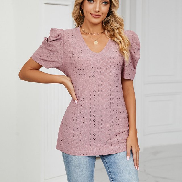 Georges Hauts d'Été Tendance Mode Femmes Grande Taille Uni Manches Courtes Col en V Blouse Décontractée T-Shirt Hauts