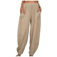 thumbnail image 2 of EQWLJWE Women Summer Beach Pants Casual Elastic Waisted Wide Leg Pants Loose Flowy Lounge Trousers for Travel Vacation Hawaiian Khaki(S-2XL), 2 of 5