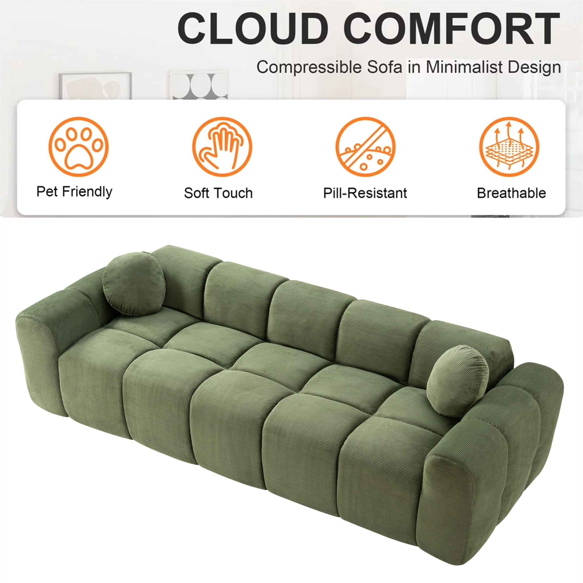 Aukfa 99" Oversized Cloud Sofa Boneless Couch 4-Seater Tufted Upholstered Sofa for Living Room, 2 Pillows, Corduroy, Green