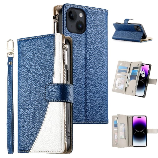 Funda cartera GANGXUN para iPhone 14 , cuero PU con tarjetero, cremallera, correa de mano, soporte y protección 802°