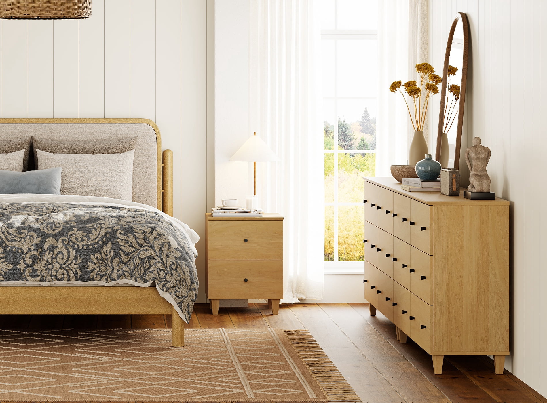 WAMPAT Dresser and Nightstand Set of 3, Wood Dressers with 12 Drawers, Nightstand with Charging Stations for Living Room, Oak Wood