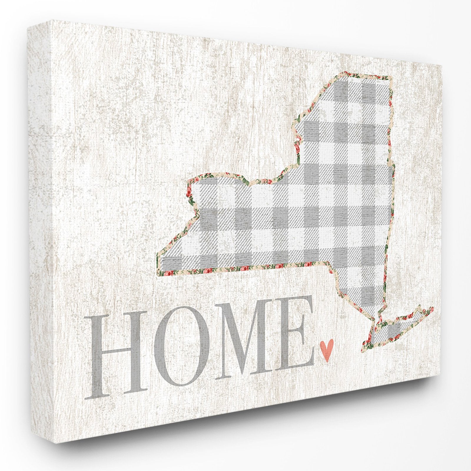 The Stupell Home Decor Collection New York Grey Gingham and Floral Heart and Home Oversized Stretched Canvas Wall Art, 24 x 1.5 x 30