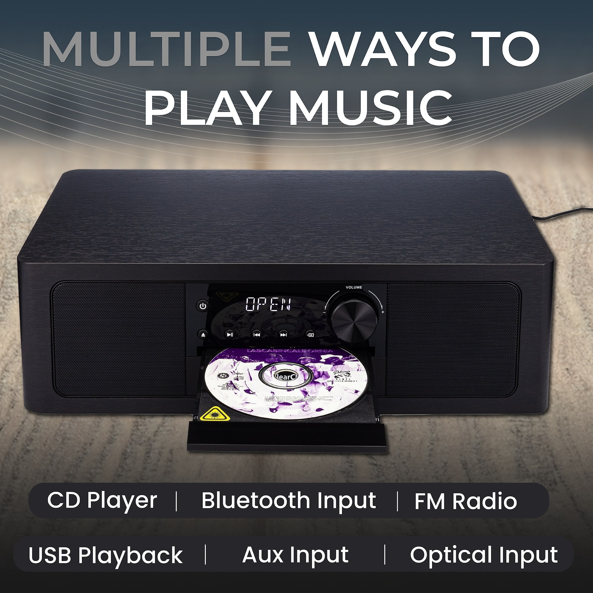 ClearClick Stereo Shelf System with CD Player, Bluetooth, FM Radio, USB Playback, Aux in, Optical in, Alarm Clock, & Remote Control