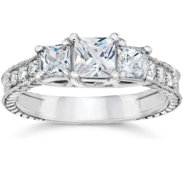1 1/ 4ct Vintage Diamant Trois Pierres Princesse Coupe Bague de Fiançailles 14K Or Blanc