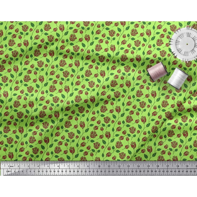 Soimoi Tissu en Voile de Coton Feuilles & Roses Imprimé Floral 1 Yard 42 Pouces de Large