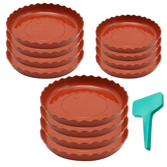 12-Pack Red Plant Trays, 3 Sizes Plastic Round Wave Plant Saucers, Fit for Indoor & Outdoor Flower Pots and Planters (with 20 Green Plant Labels)