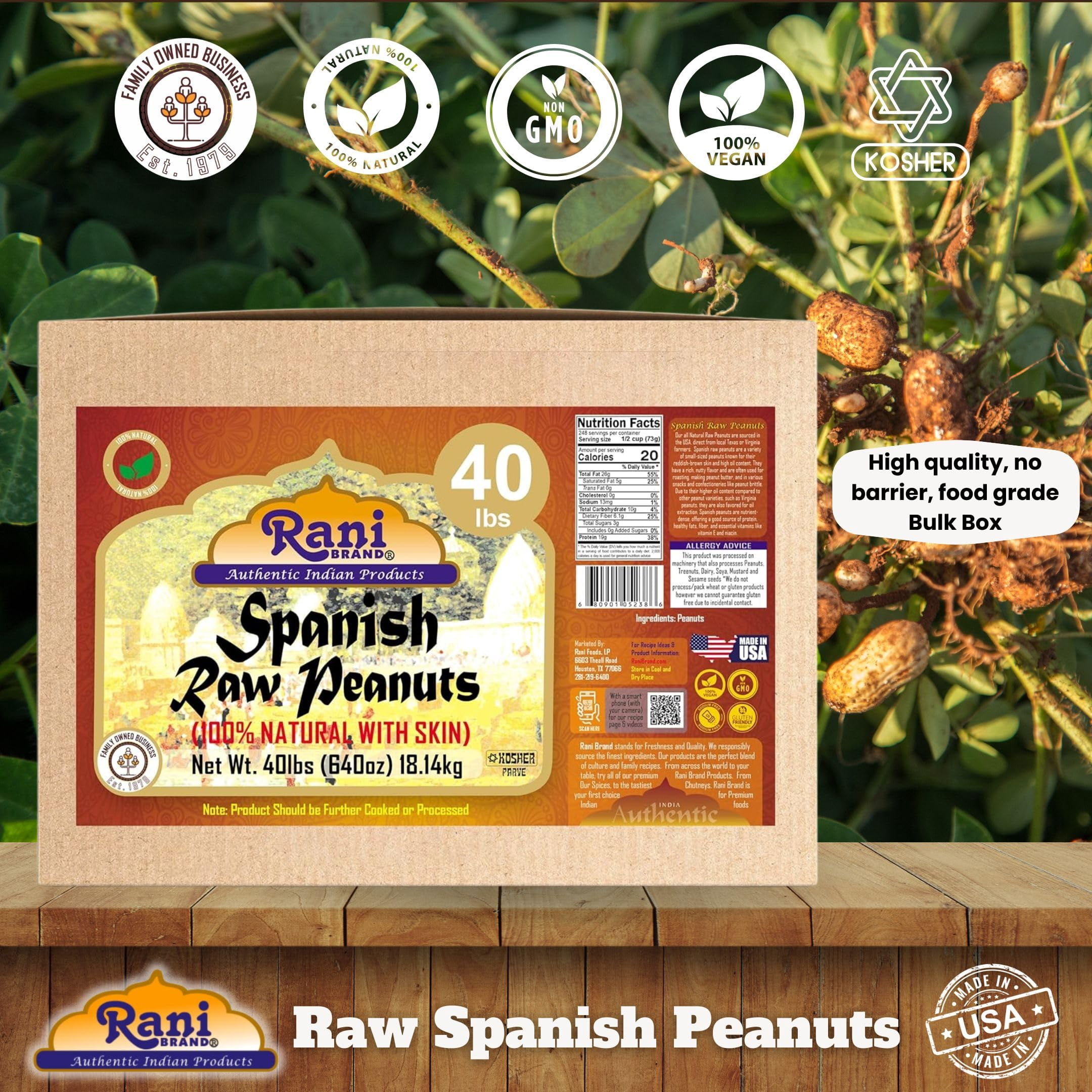 Rani Raw Spanish Peanuts 100% Natural with Skin (uncooked, unsalted) 40lbs (640oz) 18.14kg Bulk Box ~ Vegan | Gluten Friendly | Kosher | Red-brown Skin