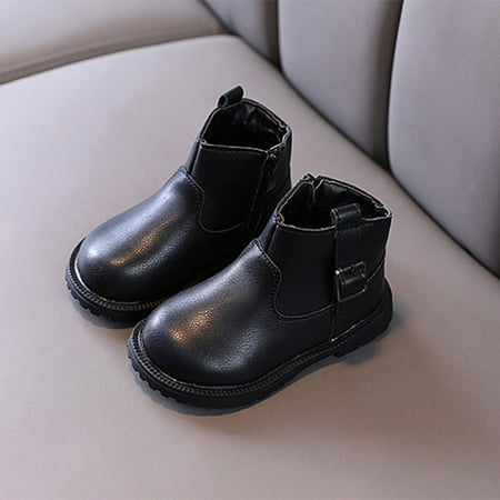 

TALKVE Fashion Autumn And Winter Girls Boots Round Toe Flat Sole Thick Bottom Non Slip Buckle Warm Solid Color