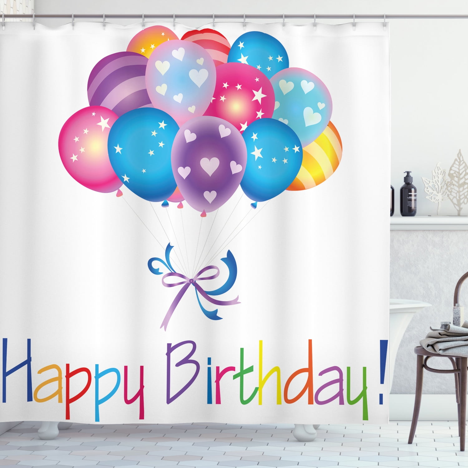 Birthday Shower Curtain, Balloon Bouquet with Stars and Heart Shapes ...