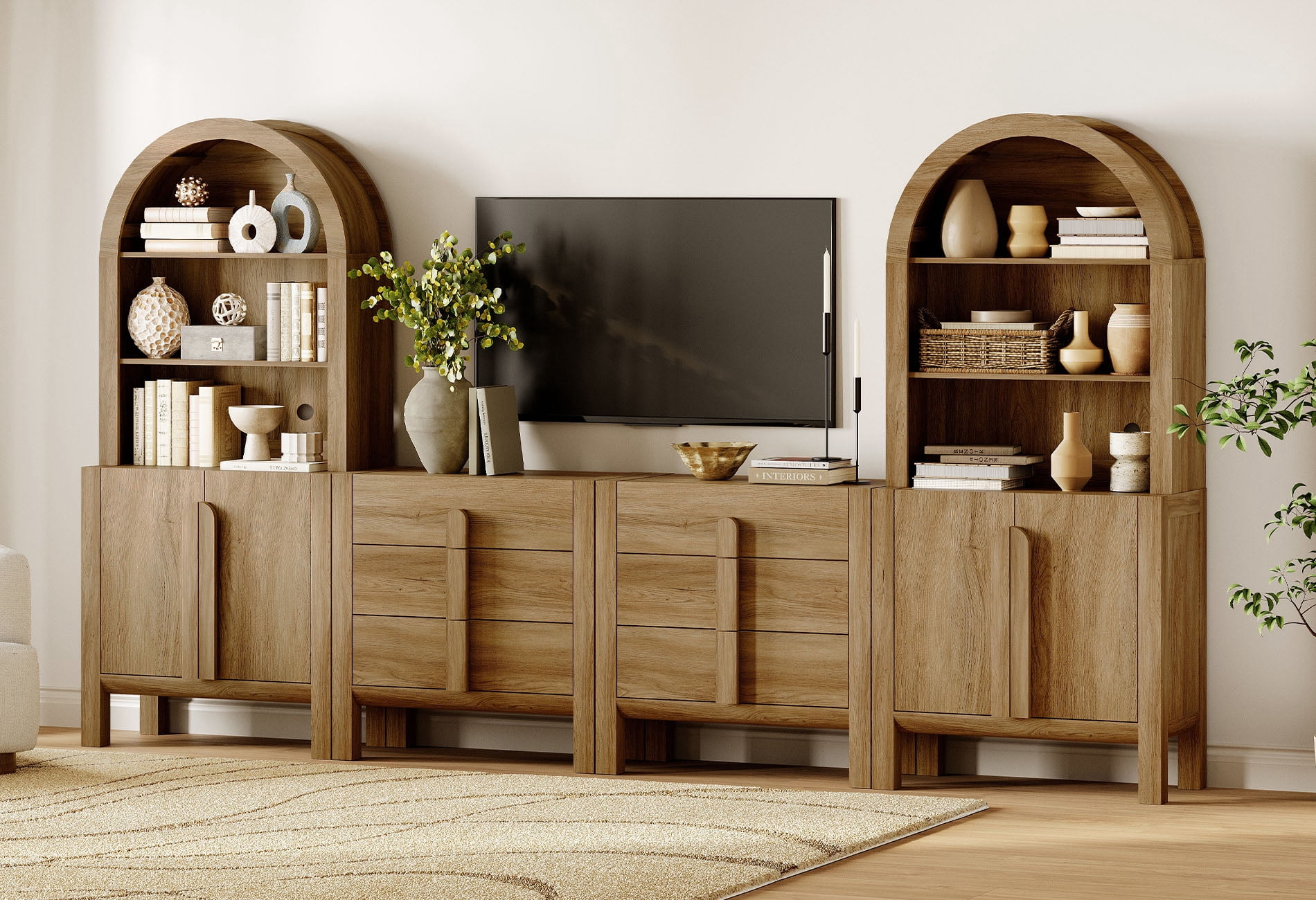 126" Mid-Century Modern TV Stand with Bookshelves for Tvs Up to 70", Large Entertainment Center with Storage Cabinet, TV Console with Drawers For Living Room, Bedroom