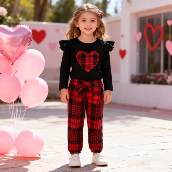 MEZZALL Valentine's Day Girls Outfits Plaid Heart Applique Sleeveless Tops And Trousers Two Piece Coordinated Matching For Toddler Little Kid And Youth Daughter Granddaughter Stylish Clothing Sets