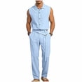 thumbnail image 2 of LEKWK Men Linen Sets Outfits 2 Piece Sleeveless Button Down Collared Tops and Tie Waist Straight Leg Pants Lightweight Summer Fashion Beach Vacation Outfits, 2 of 8