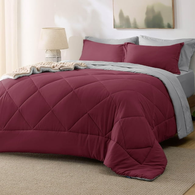Juego de cama Bedsure Queen, edredón reversible, color burdeos, 7 piezas