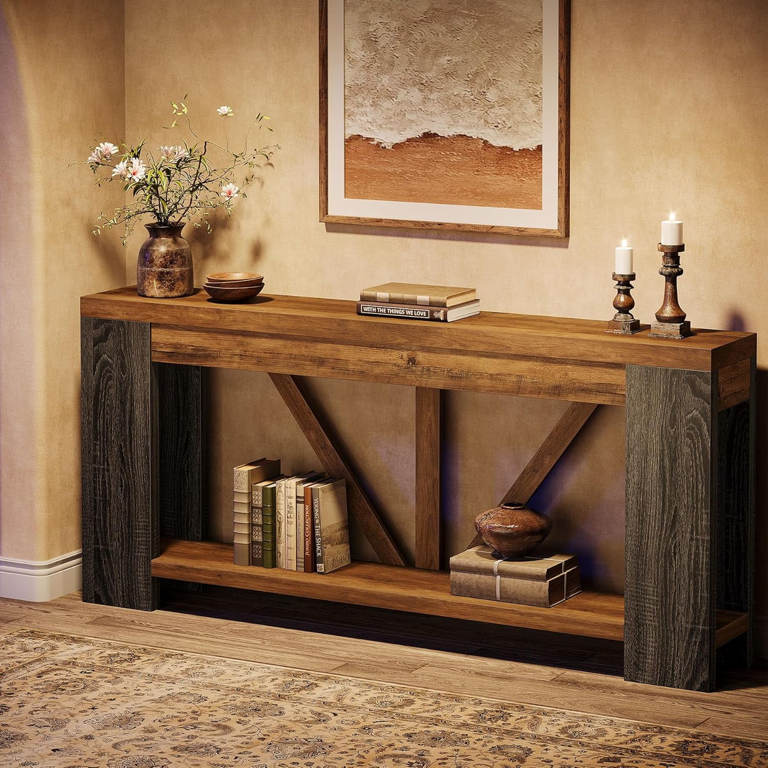 Finmind 70.9-Inch Extra Long Console Table with Storage for Entryway, Hallway, Foyer, Living Room, Brown