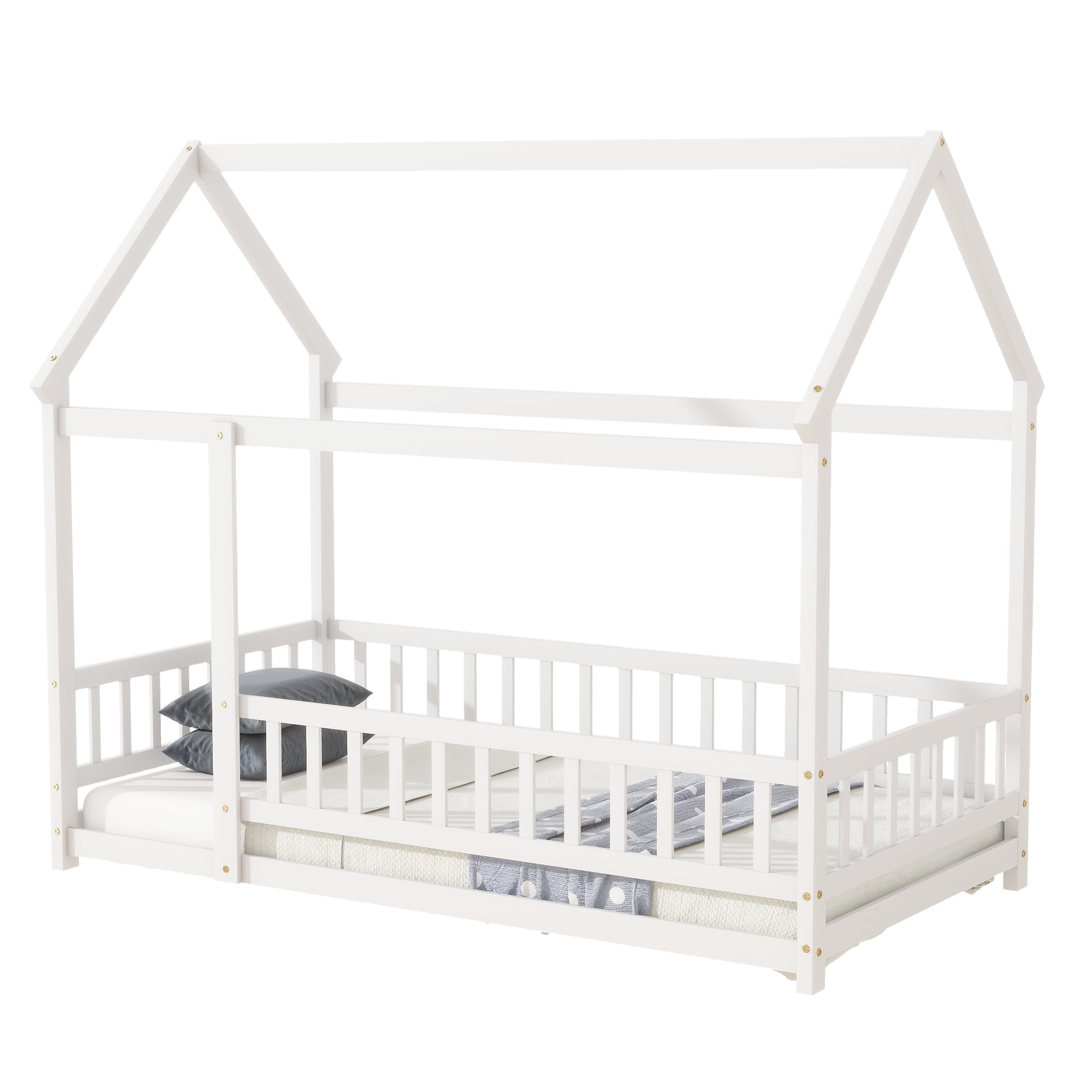 Aukfa Twin Size House Bed with Roof, Wood Floor Bed Frame with Fence for Kids Toddler, White