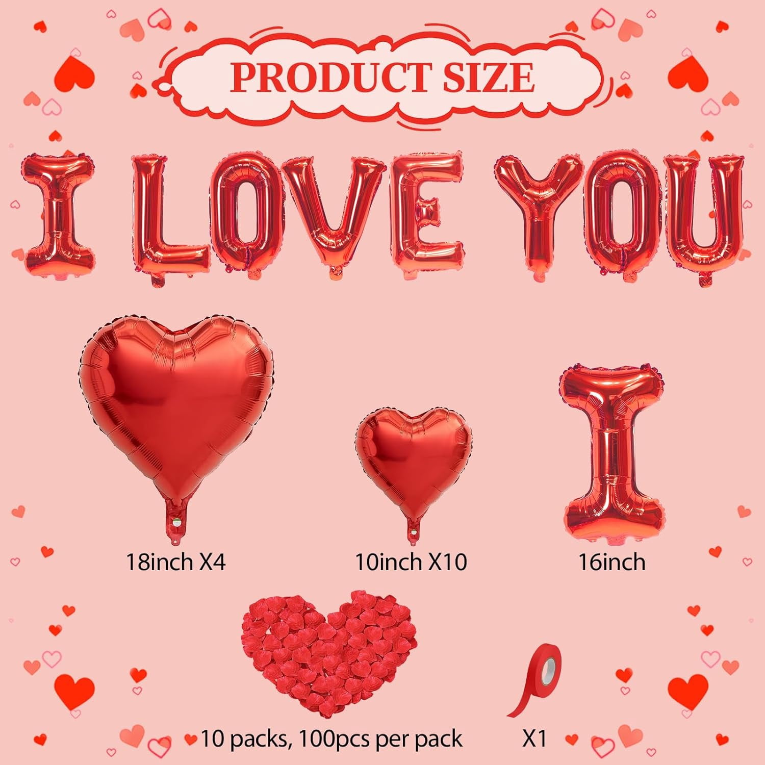I Love You Balloons Valentines Day Balloons Red Heart Love Foil Mylar Balloon Rose Petals for Wedding Anniversary Engagement Valentine Day Romantic Decorations Party