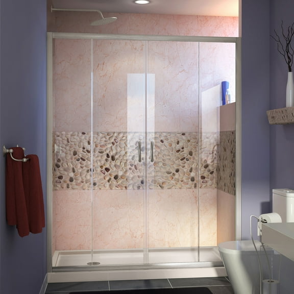 DreamLine Visions 34 in. D x 60 in. W x 74 3/4 in. H Sliding Shower Door in Brushed Nickel with Left Drain Biscuit Shower Base