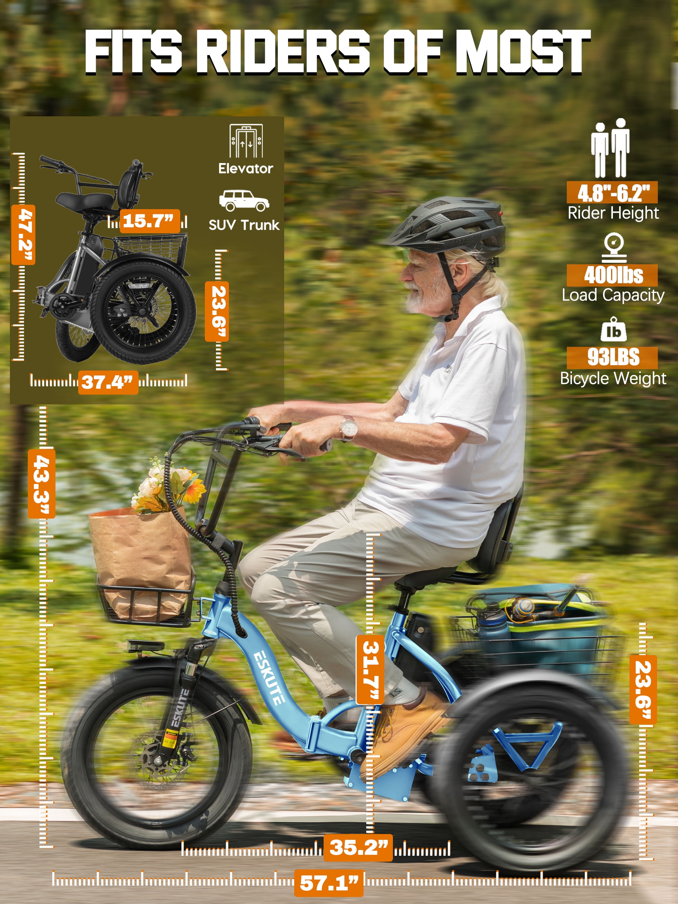 ESKUTE Adult E Trike Electric Tricycle – 750W Brushless Motor, 18+ MPH, Fat Tires, Foldable Step-Thru 3-Wheel E-Bike, Up to 55 Miles, Blue