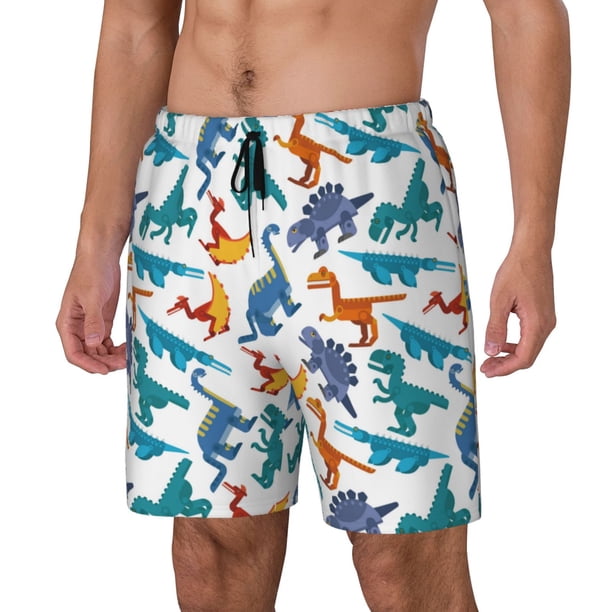 Balery Block Dinosaur Bañador para hombre, shorts de playa de secado rápido con entrepierna y forro de compresión-Small