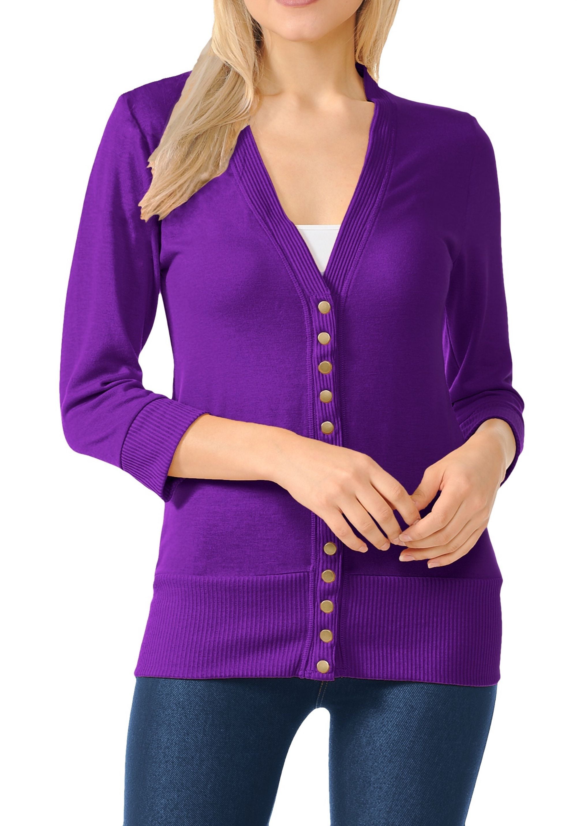 Clothingave Women S 3 4 Sleeve Soft Snap Button Cardigan With Ribbed Cuffs And Hem In Over 20