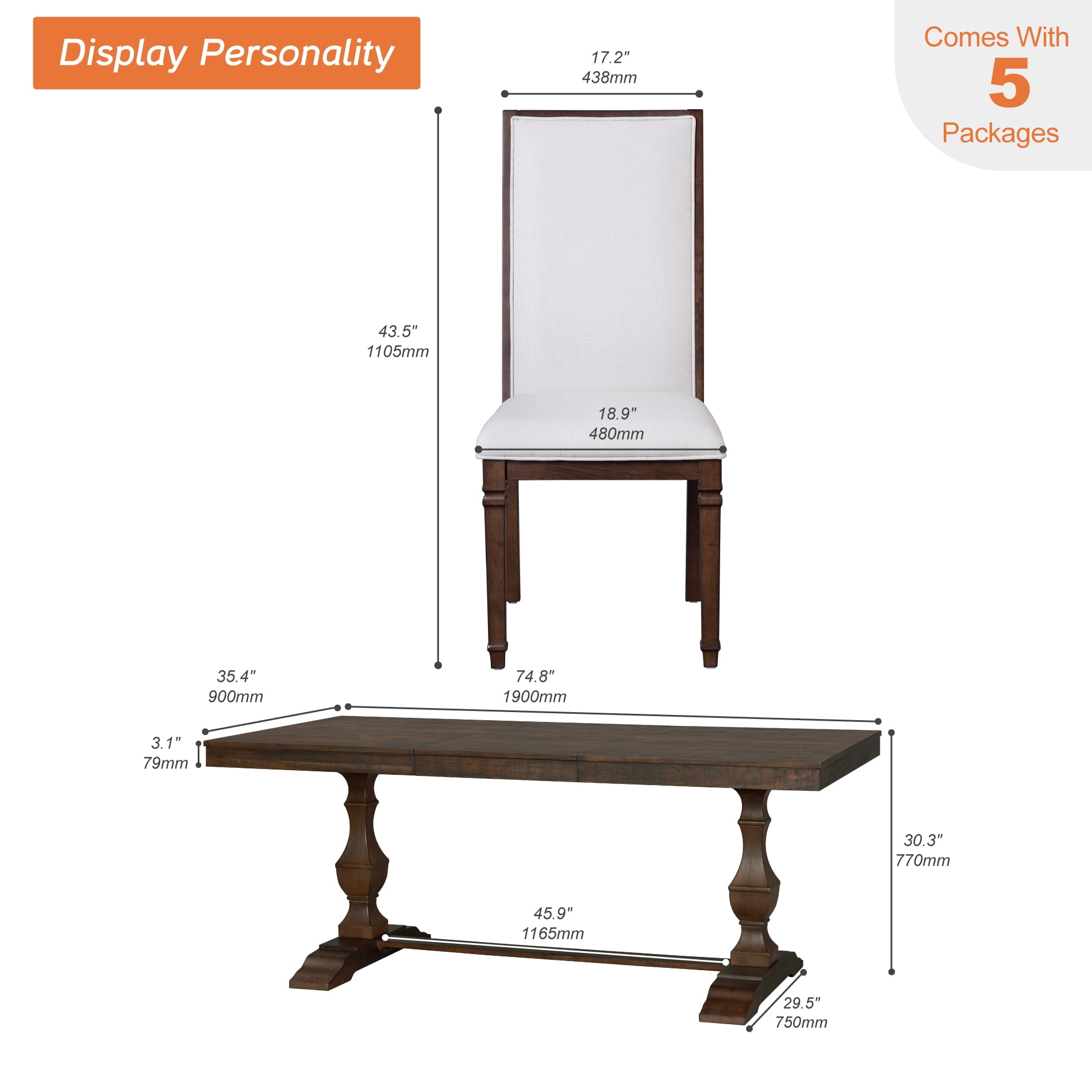 WAMPAT 7-pieces Farmhouse Dining Table Set for 6-8,74.8" Kitchen Table with Chairs,Solid Wood Legs and Upholstered Back for Dining Room & Living Room,Rustic Brown