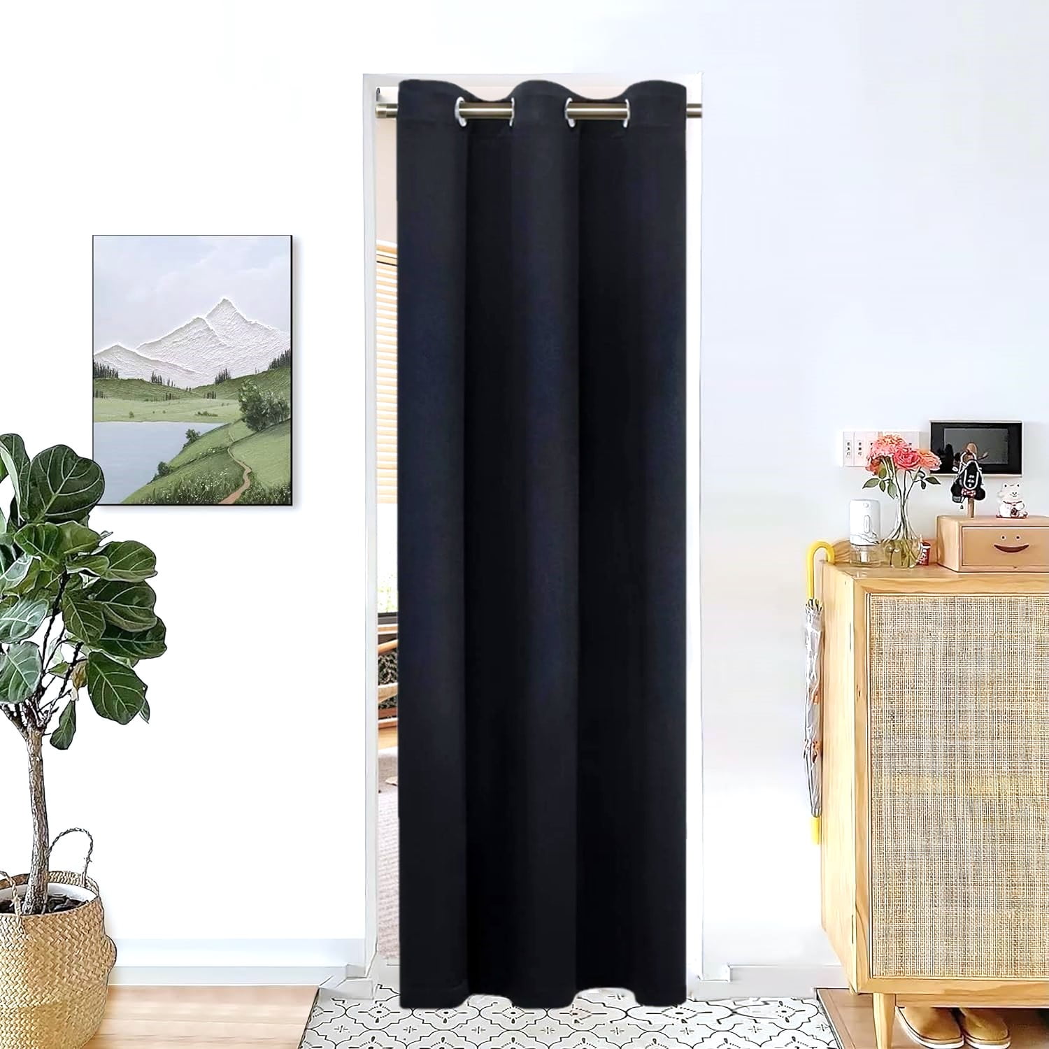 Set of 2 Panels K68 Black Color Blackout Window Curtains 84" inches Length Panels with Grommets for Living Room , Closet, Bedroom Home Décor