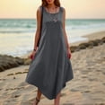 thumbnail image 2 of Short Sleeve Dresses for Women Solid Color Loose Sleeveless Round Neck Side Buttons Irregular Dress A-Line Party Dress with Pockets, 2 of 7