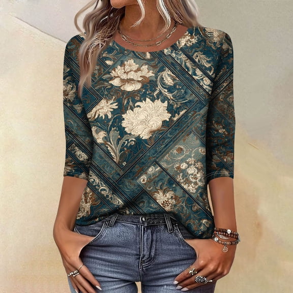 CCRFTGI 3/4 Length Sleeve Womens Tops Dressy Casual Crew Neck Tunic Blouses Fashion Vintage Floral Print T Shirts Loose Fit Fall Tee Top Army Green XXL