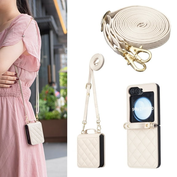 Designed for Samsung Galaxy Z Flip 7, Stylish Premium PU Leather Cover with Hand Strap & Detachable Long Strap, Thin Fit Lightgweight Non-Slip Girls Women Phone Cover - Beige