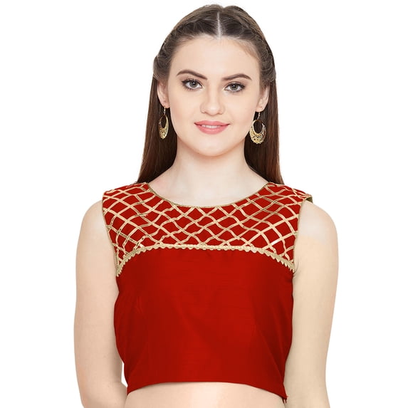 eloria Women's Gottapati Design Art Silk Sari Top Summer Casual Boat Neck Blouse Color : Red, Size : 38