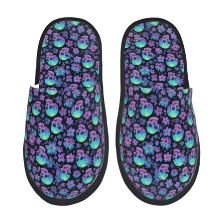 Balery Skull daisy Gradient Slient Indoor Furry Fleece Comfort House Shoes Soft Non-Slip Home Shoes Cotton slippers House Slippers-- Large