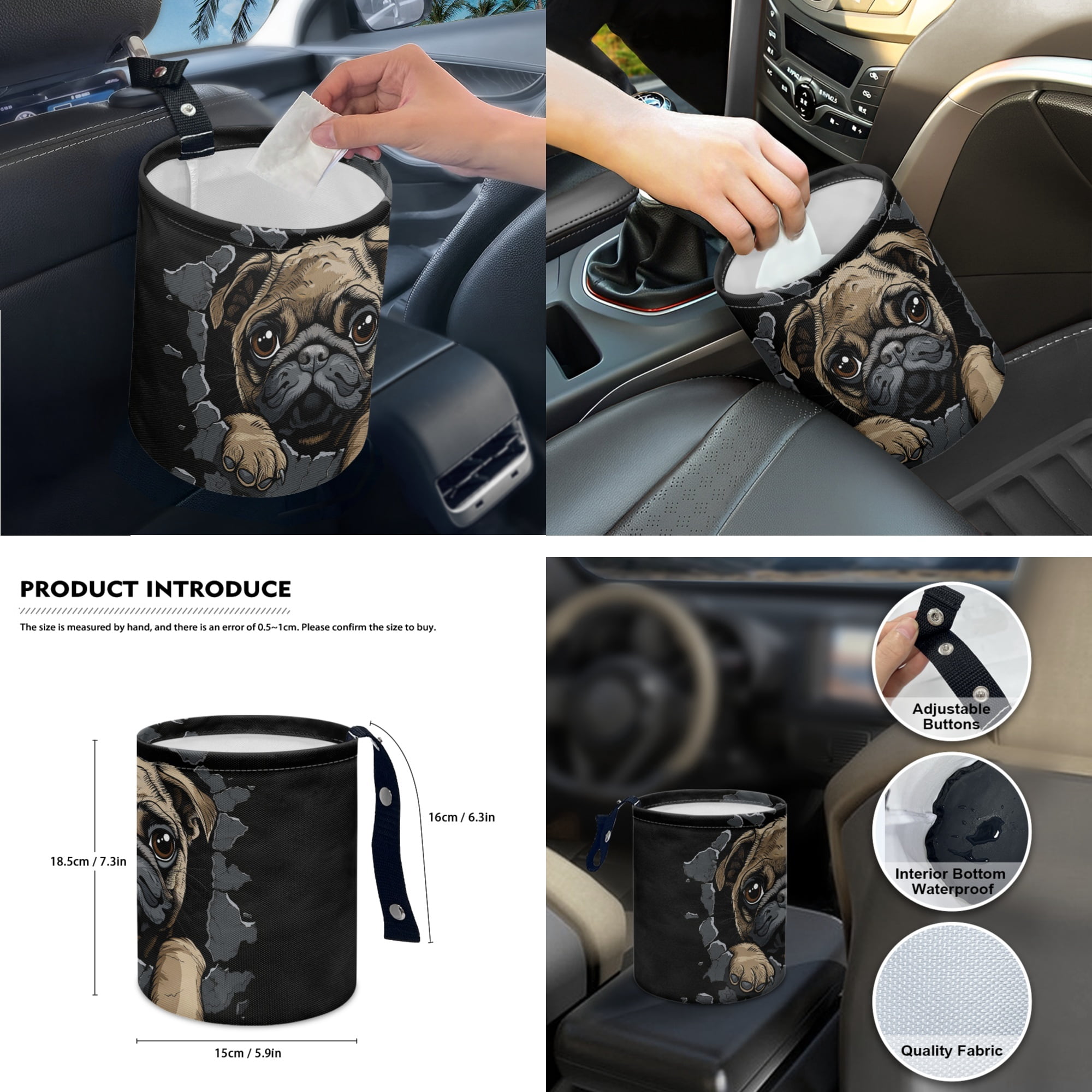 Yuyamidu 3D Pug Car Seat Cover Set of 14 Black Steering Wheel Cover Seat Belt Pads Waste Basket Bin Rearview Mirror Cover Cup Holder Cute Center Console Cover Handbrake Cover Gear Shift Cover
